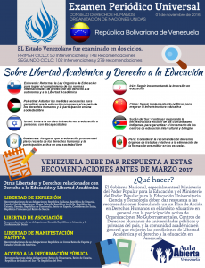 Recomendaciones sobre Libertad académica, derecho a la educación, libertad de expresión, asociación reunión, manifestación y acceso a la información pública hechas a Venezuela por las delegaciones presentes en el Consejo de Derechos Humanos de Naciones Unidas en Examen Periódico Universal el 01 de noviembre de 2016, Ginebra, Suiza. El Estado Venezolano debe adoptar estas recomendaciones antes de marzo 2017.