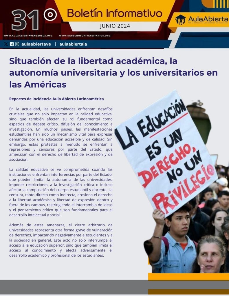 SITUACIÓN DE LA LIBERTAD ACADÉMICA, LA AUTONOMÍA UNIVERSITARIA Y LOS UNIVERSITARIOS EN LAS AMÉRICAS.


JUNIO 2024.
